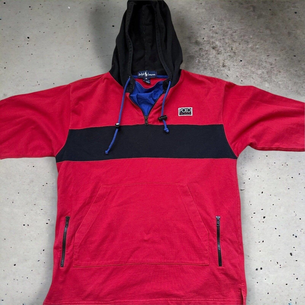 Vtg Polo Ralph Lauren Hi Tech Hoodie Hooded Sweatshirt Red Men's Medium H10242 - Picture 1 of 15